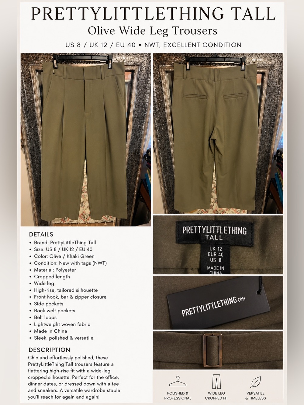 PrettyLittleThing Olive Green Wide-Leg Chinos